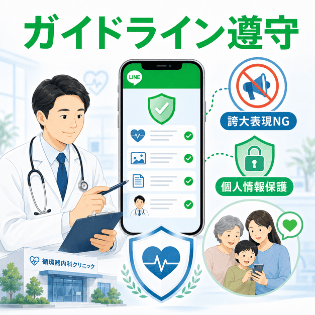 医療広告ガイドラインとLINEポリシーを守り、誇大表現を避けて個人情報を保護する循環器内科の配信管理イラスト