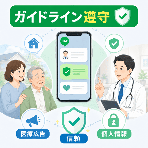 医療広告ガイドラインや個人情報保護に配慮してLINE運用の信頼を築くイメージ