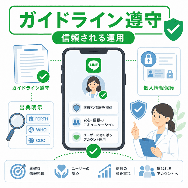 医療広告ガイドラインとLINEポリシーを守り、出典明示や個人情報保護で信頼を高める運用イメージ