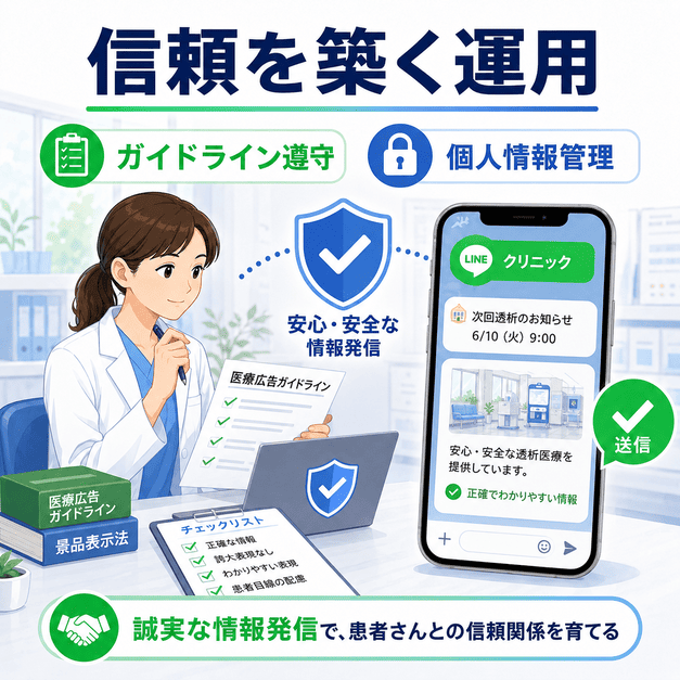 医療広告ガイドラインや個人情報管理を守りながら、正確で誠実なLINE配信によって患者との信頼を築く様子を示したイラスト