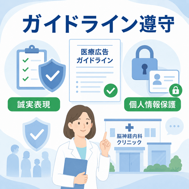 医療広告ガイドライン遵守、誠実な表現、個人情報保護を重視してLINE配信を行う脳神経内科クリニックのイラスト