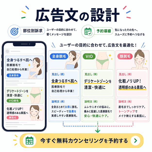 全身脱毛、VIO、顔脱毛ごとに広告見出しと説明文を分けて予約導線を設計するイメージ