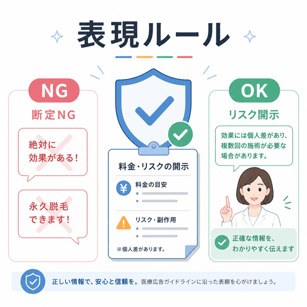 医療脱毛広告で断定表現を避け、料金やリスクを正しく開示する表現ルールの図解