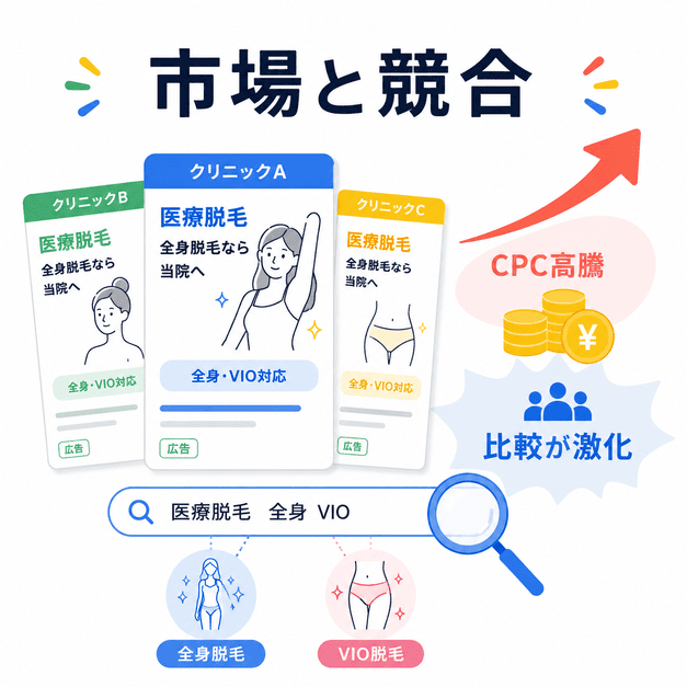 医療脱毛クリニックのGoogleリスティング広告市場でCPC高騰と競合激化が起きている様子