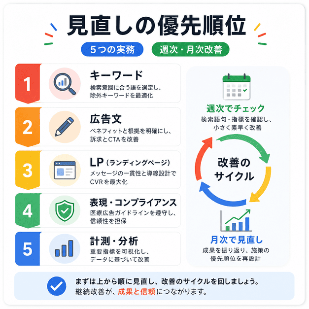 医療脱毛クリニックのGoogleリスティング広告で最初に見直すべき実務の優先順位と改善サイクル