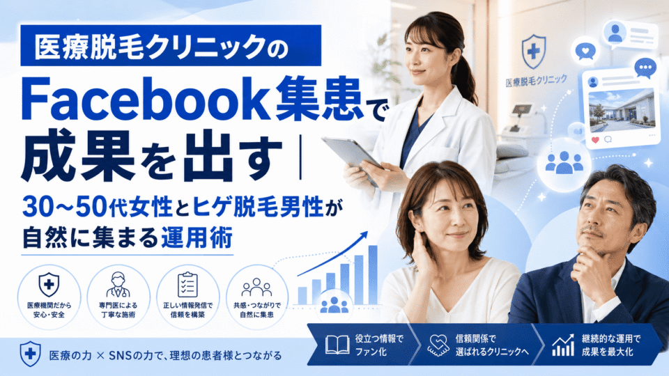医療脱毛クリニックのFacebook集患で30〜50代女性とヒゲ脱毛男性に情報発信するイメージ