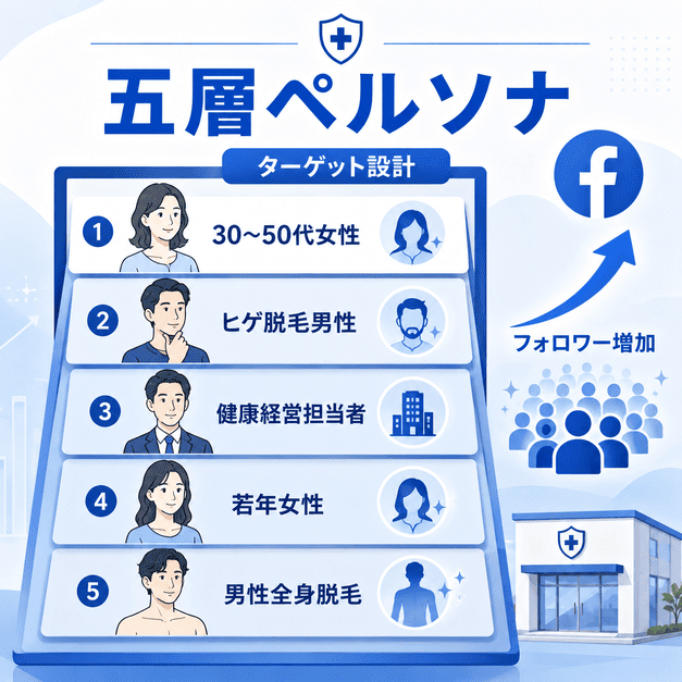 医療脱毛の五層ペルソナを設計しFacebookフォロワーを増やす流れを示すイラスト