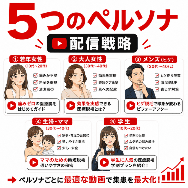 若年女性、成人女性、男性ヒゲ脱毛、主婦、学生の5つのペルソナ別に動画配信戦略を分けるイラスト