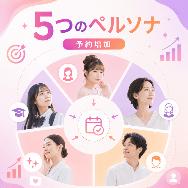 医療脱毛クリニックのInstagram運用で重要な5つのペルソナと予約増加の関係を示したイラスト