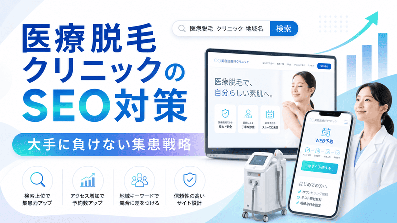 医療脱毛クリニックのSEO対策と集患戦略を、検索・予約導線・信頼性の要素で表したアイキャッチ画像