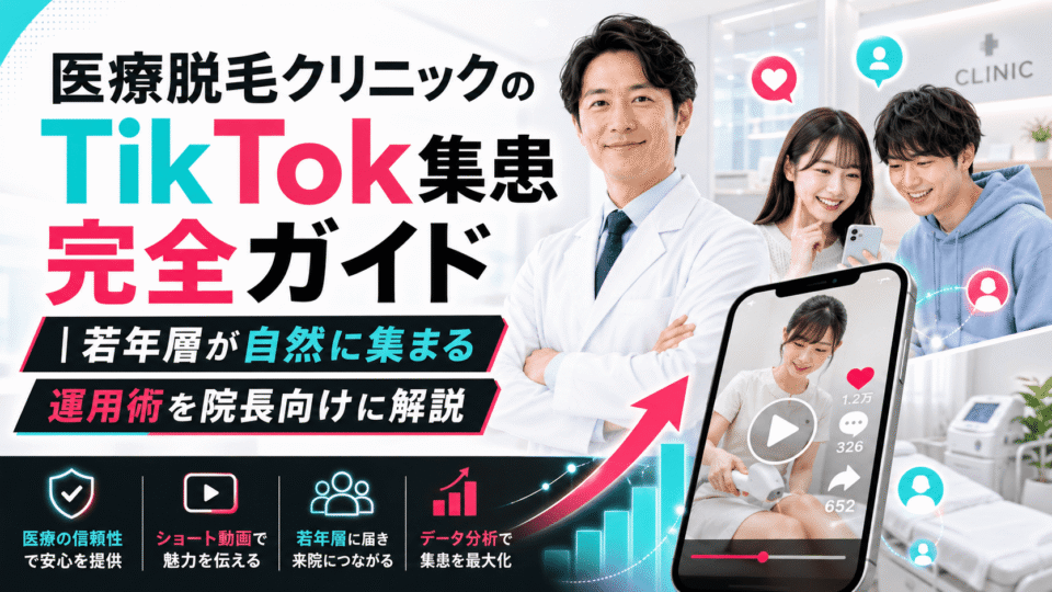 医療脱毛クリニックのTikTok集患をテーマに、院長と若年層、スマホ動画、集患導線を表したアイキャッチ画像