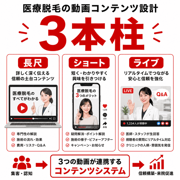 医療脱毛クリニックの動画コンテンツを長尺動画、ショート動画、ライブ配信の3本柱で設計するイラスト