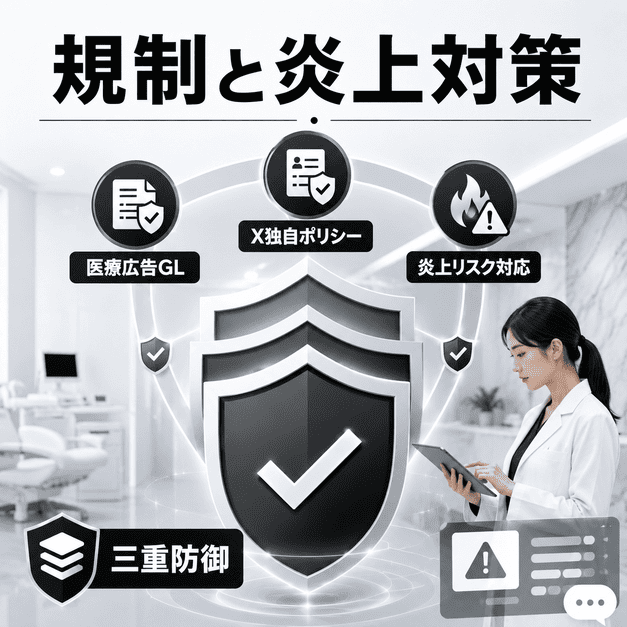 医療広告ガイドライン、X独自ポリシー、炎上リスクに対する三重防御を盾とチェックで表したイラスト