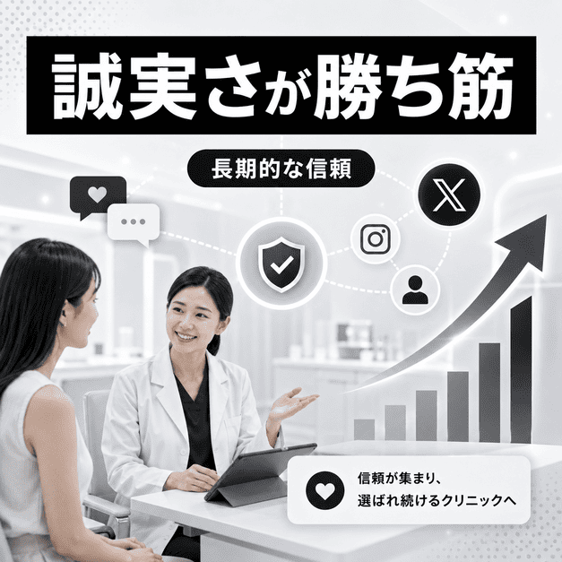 医療脱毛クリニックが誠実な情報発信によって長期的な信頼と集患成果を高める様子を表したイラスト