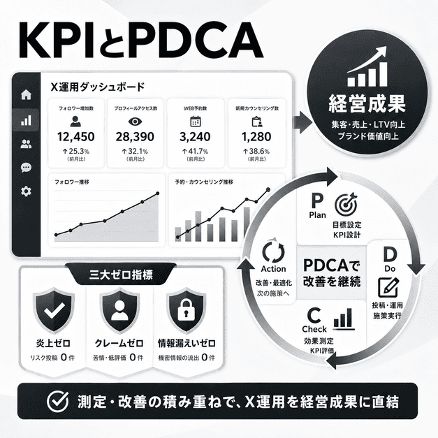 医療脱毛クリニックのX運用をKPIダッシュボードとPDCAサイクルで改善する様子を表したイラスト