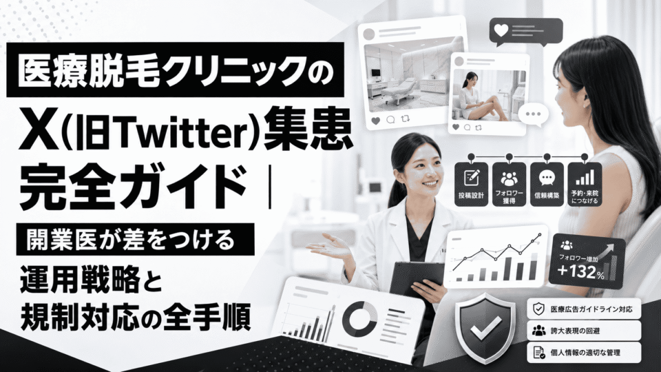 医療脱毛クリニックのX集患戦略と規制対応を、医師の相談風景や分析画面で表したアイキャッチ画像