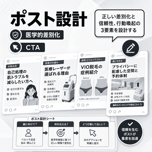 医療脱毛クリニックのX投稿を医学的差別化、信頼性、CTAの要素で設計しているイラスト