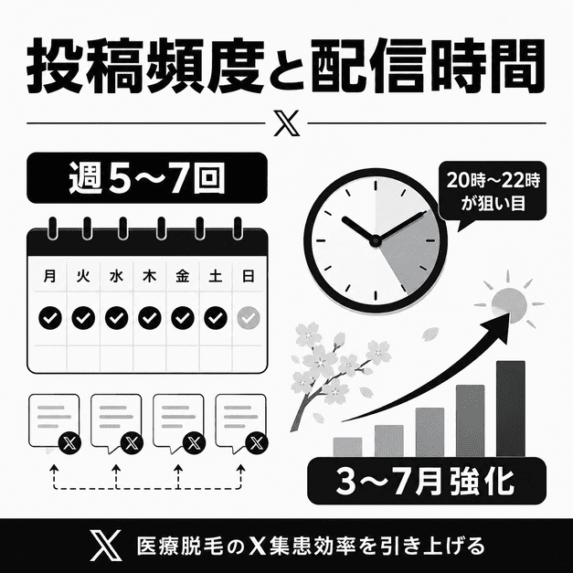 医療脱毛クリニックのX投稿頻度、配信時間、季節ごとの集中投稿をカレンダーと時計で表したイラスト