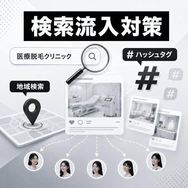 医療脱毛クリニックがハッシュタグ、地域検索、検索流入を活用して見込み患者へ情報を届けるイラスト