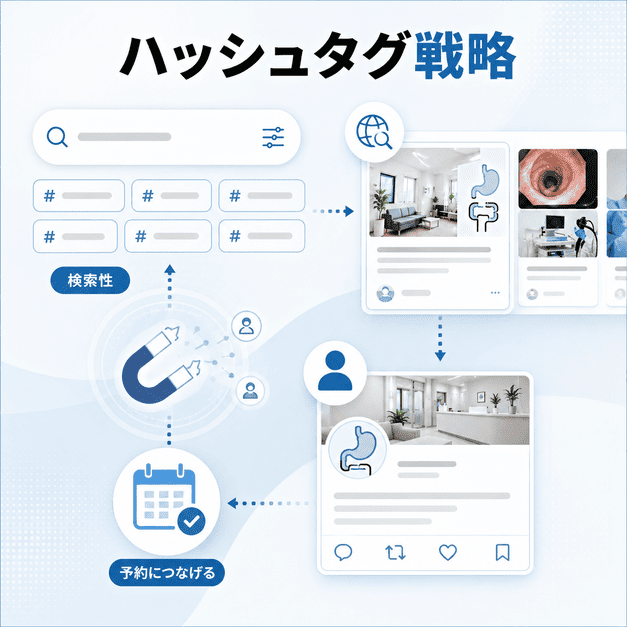 ハッシュタグと検索性を高めて消化器内科クリニックの情報発信を予約につなげる流れを示したイラスト