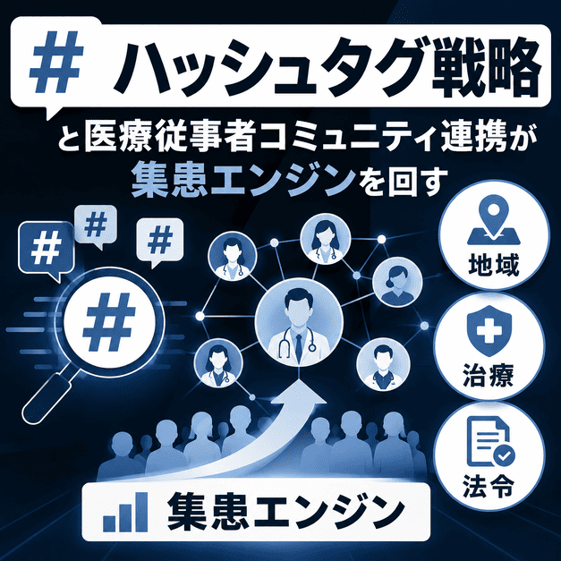 ハッシュタグ戦略と医療従事者コミュニティ連携で再生医療クリニックの集患導線を広げるイラスト
