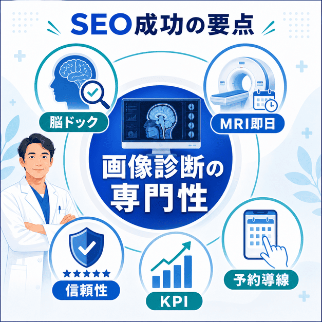 画像診断の専門性を中心に脳ドック・MRI即日対応・信頼性・予約導線・KPIをまとめた図