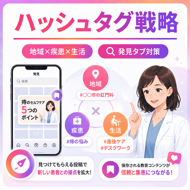 地域、疾患、生活習慣の三軸でハッシュタグを設計し、発見タブから新規患者との接点を広げるイラスト