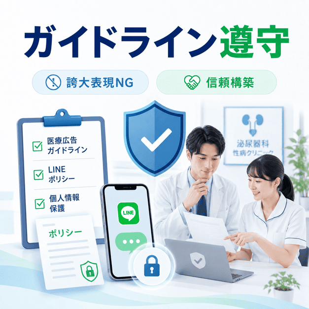 医療広告ガイドラインとLINEポリシーを守り、誇大表現を避けながら信頼を積み上げる運用を示したイラスト