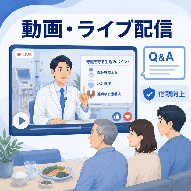 医師による動画配信やライブQ&Aで、患者と家族の信頼を高める様子を表したイラスト