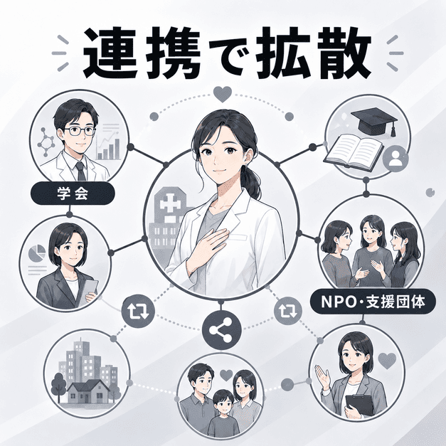 学会ネットワークや性教育NPO、支援団体との連携により情報が自然に拡散する様子を表したイラスト