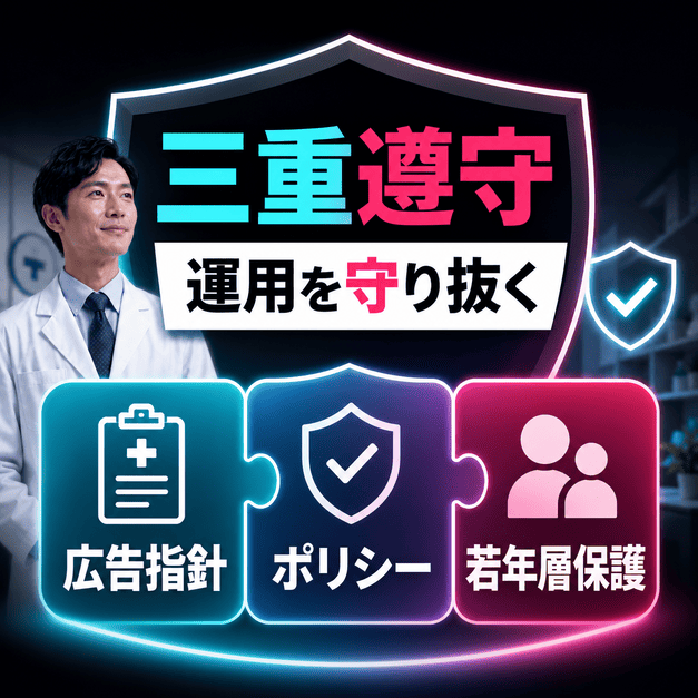 医療広告ガイドライン、TikTokポリシー、若年層保護の三重遵守で安全に運用することを表したイラスト