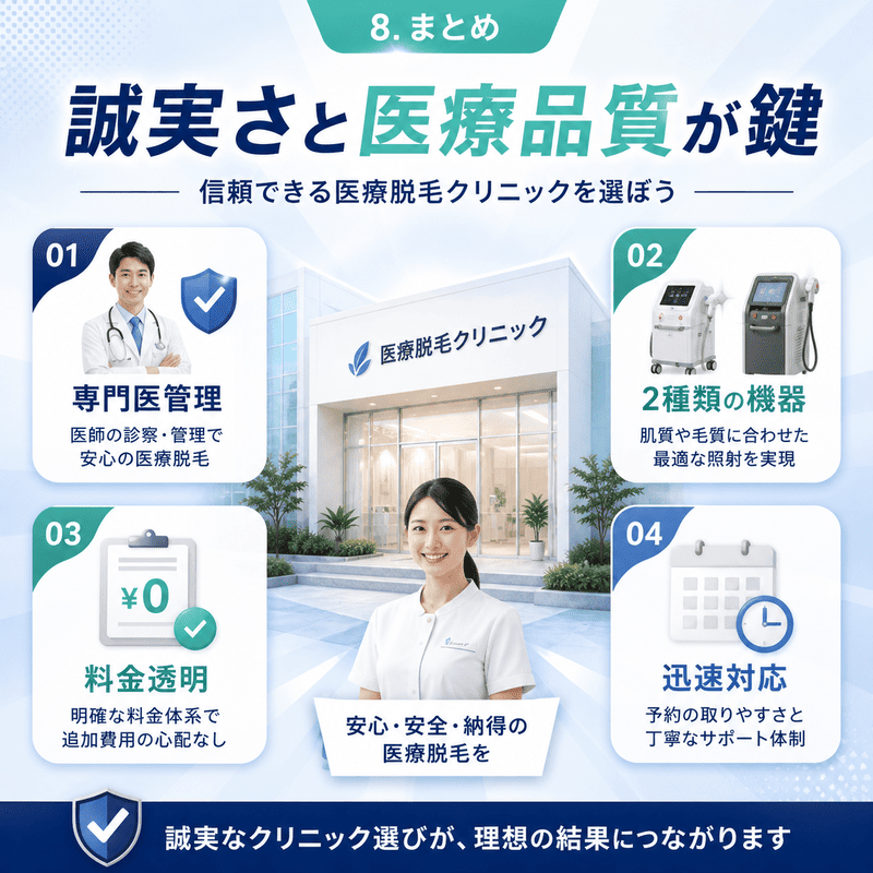 専門医管理、2種類の機器、料金透明、迅速対応を柱に、誠実さと医療品質の重要性をまとめたイラスト
