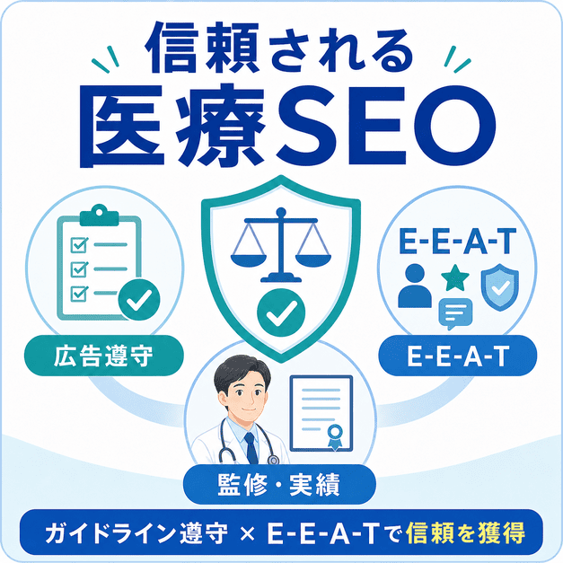 医療広告ガイドラインの遵守とE-E-A-T強化によって信頼される医療SEOを作る考え方を示した図解