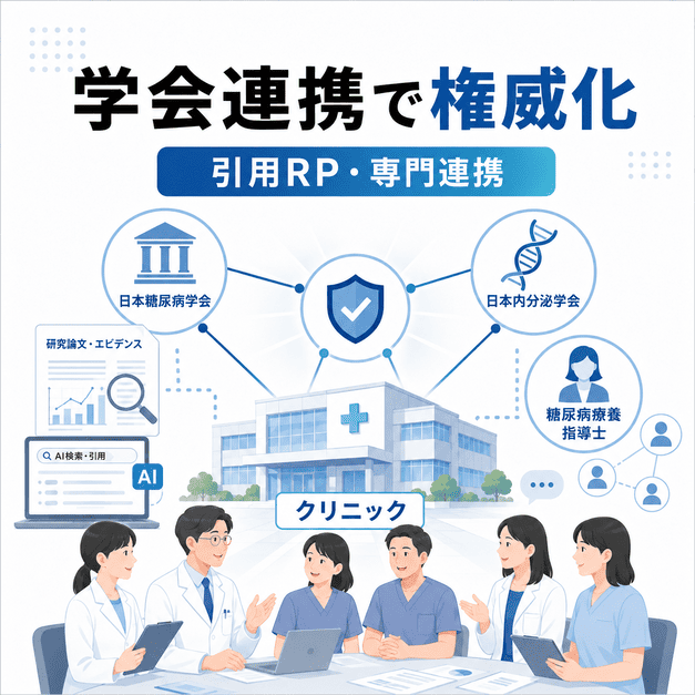糖尿病学会、内分泌学会、糖尿病療養指導士との連携でクリニックの権威性を高めるイラスト