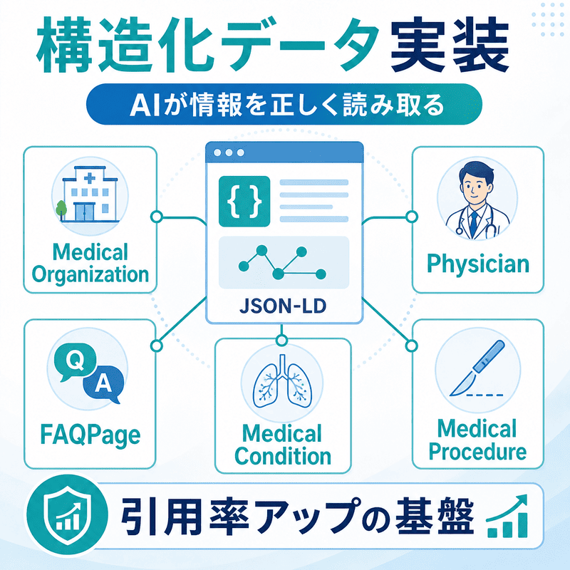 呼吸器内科クリニックが実装すべきMedicalOrganization・Physician・FAQPageなどの構造化データを示した図