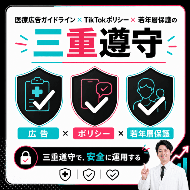 医療広告ガイドライン、TikTokポリシー、若年層保護を三重に確認して安全運用する様子のイラスト