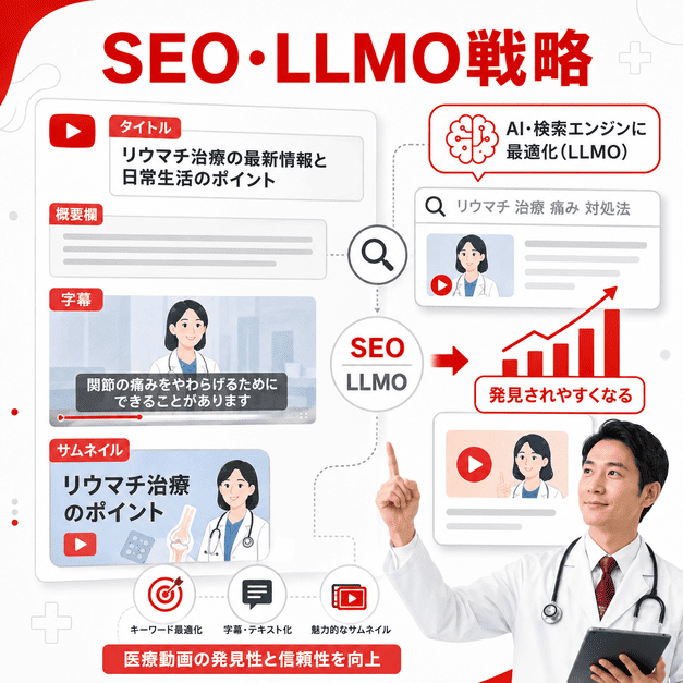 医療動画のタイトル、概要欄、字幕、サムネイルをSEOとLLMO向けに最適化する流れを表したイラスト