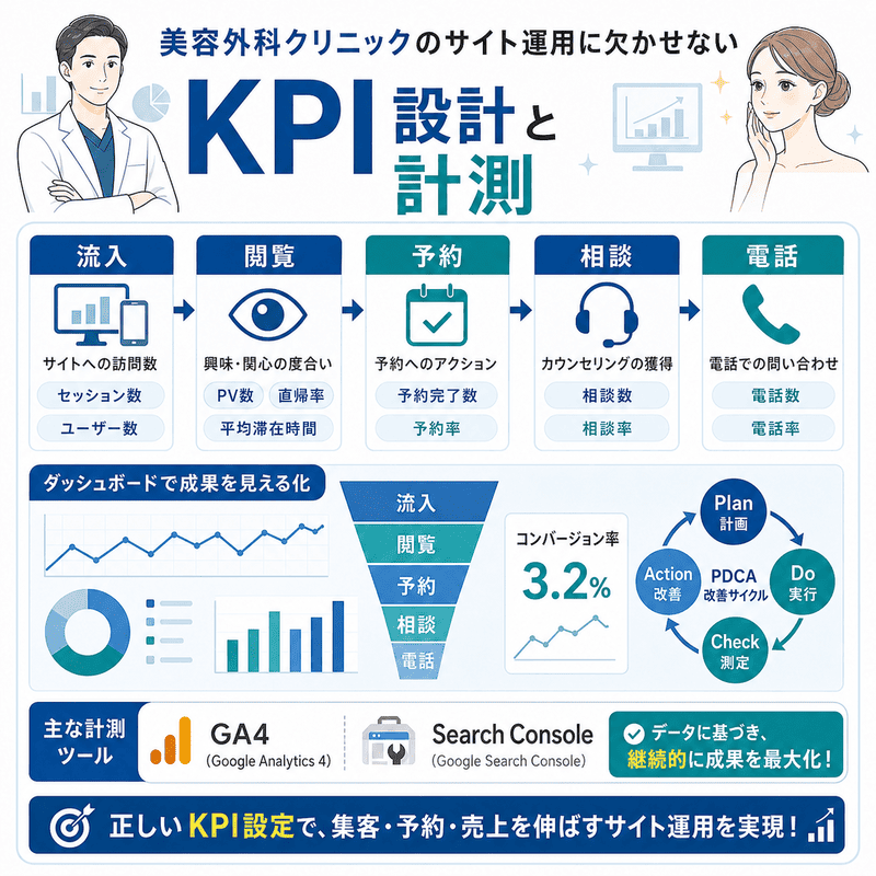 形成外科クリニックのWeb集患に必要な流入・閲覧・予約・相談・電話のKPI計測を示した図