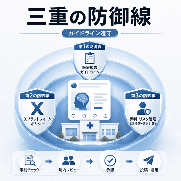 医療広告ガイドライン、Xポリシー、評判リスク管理の三重の防御線で安全に運用するイラスト
