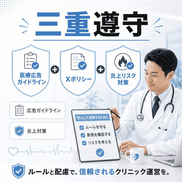 医療広告ガイドライン、Xポリシー、炎上リスクを三重に確認して安全に発信する様子を示したイラスト