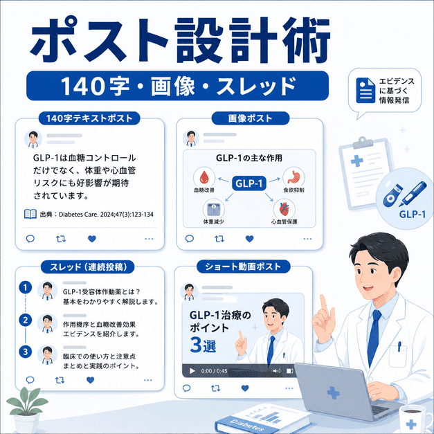 140字テキスト、画像投稿、スレッド、短尺動画を使い分けて専門性を伝えるXポスト設計のイラスト