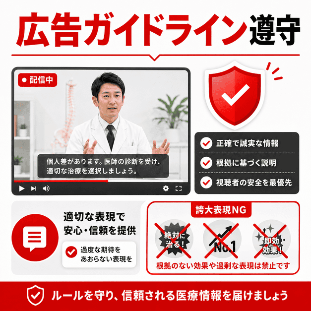 医療広告ガイドラインを守りながら整形外科YouTube動画を安全に配信するポイントを示したイラスト