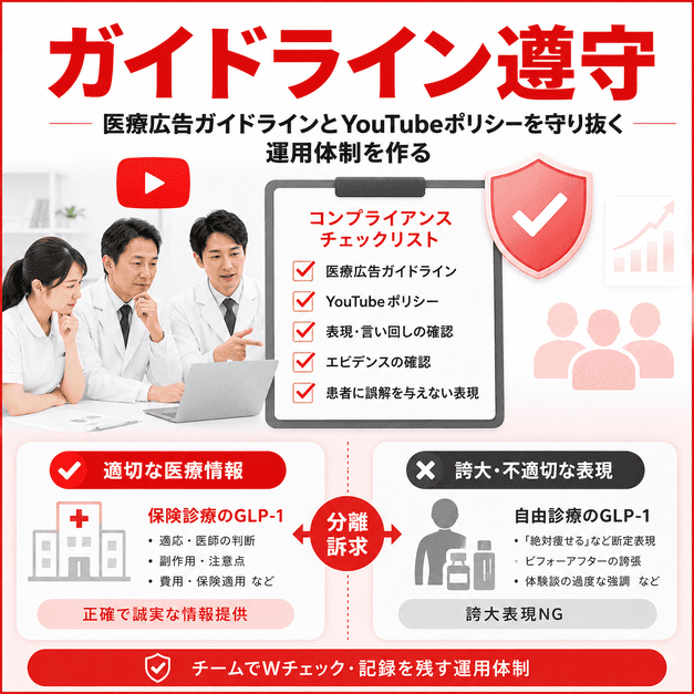 医療広告ガイドラインとYouTubeポリシーを守るためのチェック体制を示したイラスト