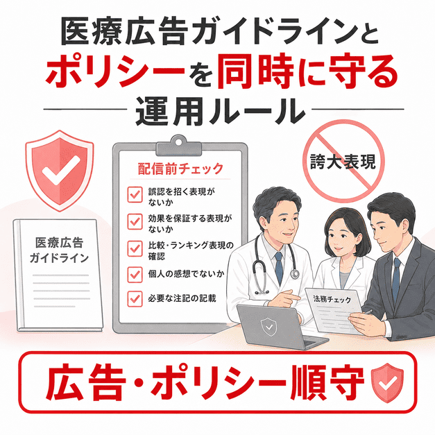 緩和ケアクリニックのYouTube配信前に医療広告ガイドラインとポリシーを確認するチェック体制