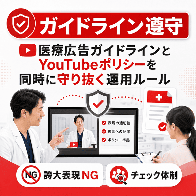 医療広告ガイドラインとYouTubeポリシーを確認しながら動画配信前にチェックする体制を表したイラスト