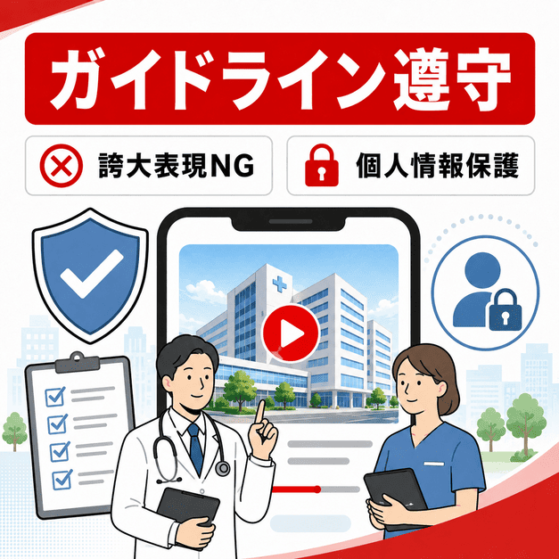 医療広告ガイドラインやYouTubeポリシーを守り、誇大表現や個人情報漏洩を防ぎながら動画運用する様子