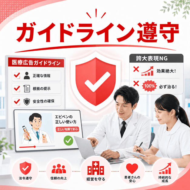医療広告ガイドラインとYouTubeポリシーを守るために、医師やスタッフが動画内容を確認しているイラスト
