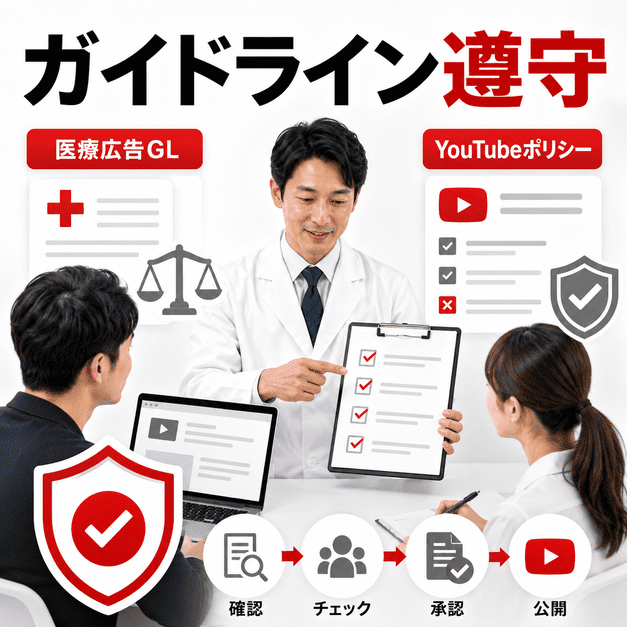 医療広告ガイドラインとYouTubeポリシーを守るために医師やスタッフが動画内容を確認しているイラスト