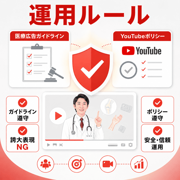 医療広告ガイドラインとYouTubeポリシーを守りながら安全に動画運用するルールを示したイラスト