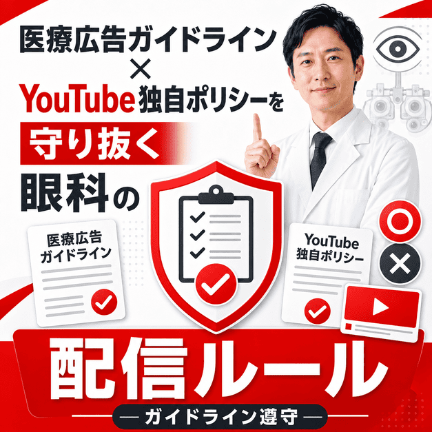 医療広告ガイドラインとYouTube独自ポリシーを確認しながら眼科動画を配信するルール遵守のイラスト